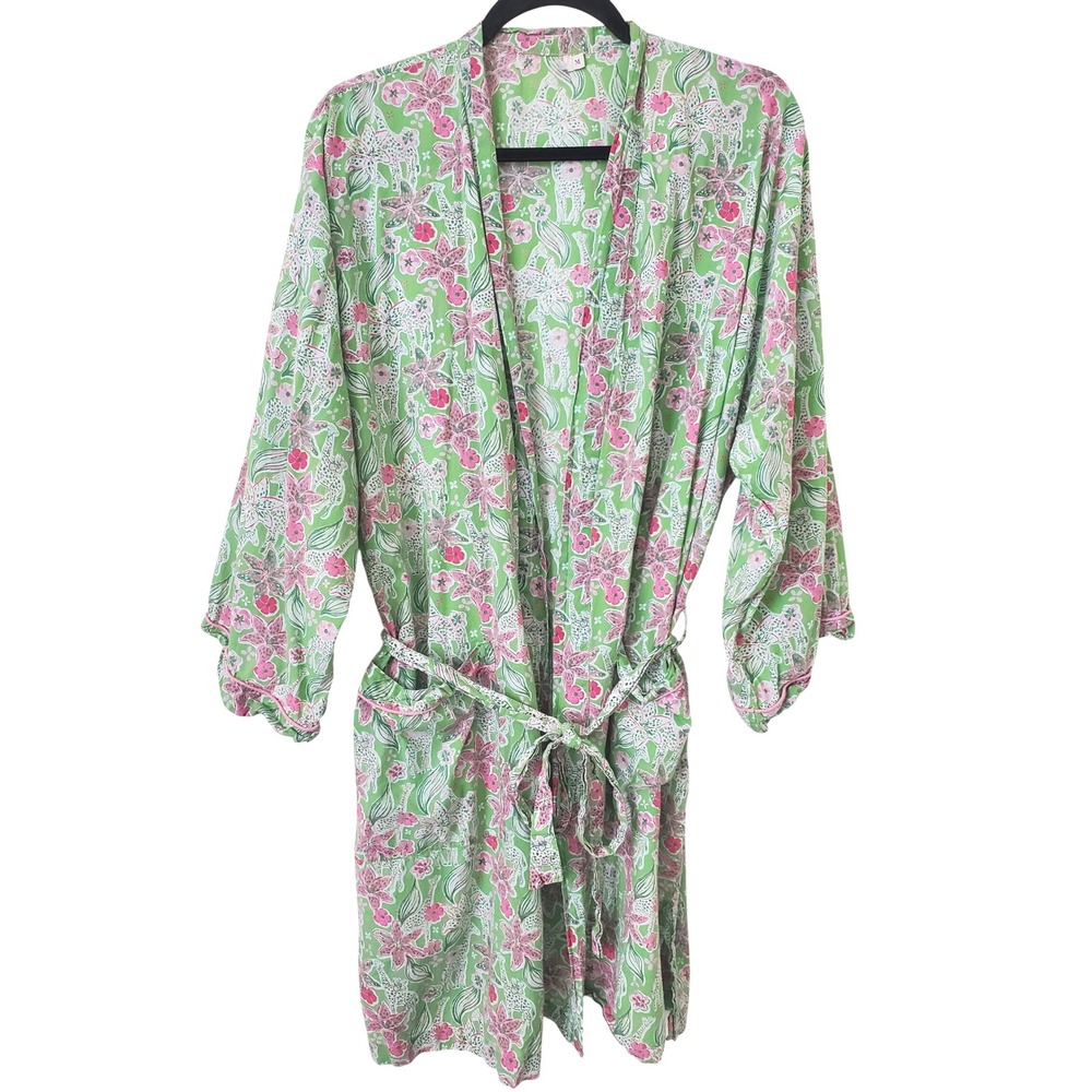 Mahogany Women's Giraffe Floral Print Robe Green Pink Size M 100%‎ Cotton